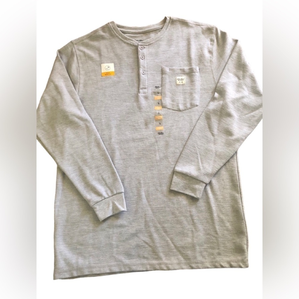 Eddie Bauer Workwear LS Thermal Knit Henley Gray Sz. L Stain Resistant Casual